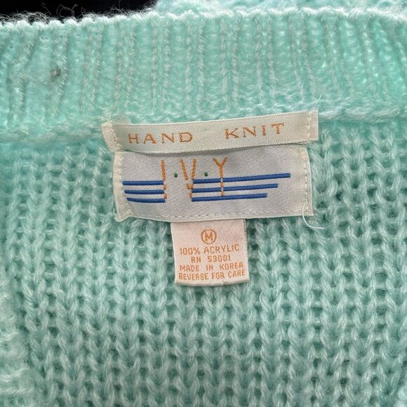 Vtg Hand Knit Cardigan Sweater Womens Medium Pastel Aqua Chunky Grandma 90s 80s - Picture 10 of 11